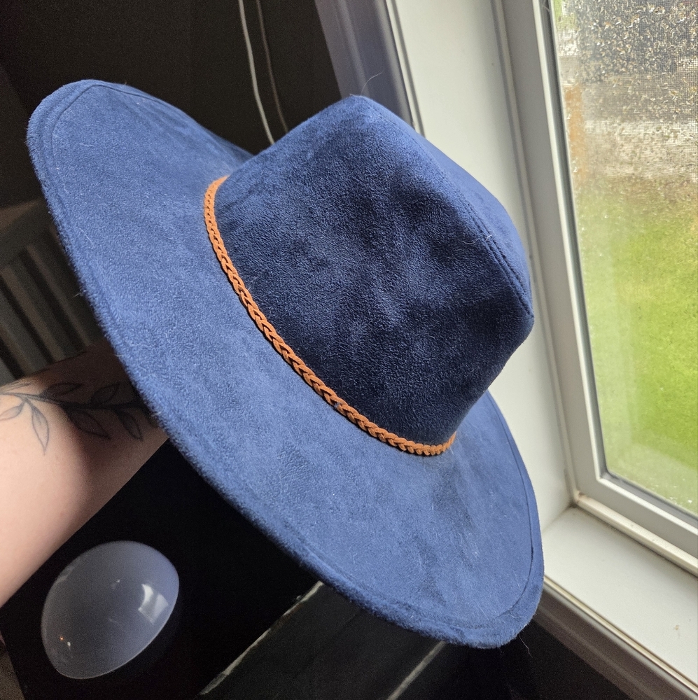 Blue Wide-Brim Hat with Tan Accent